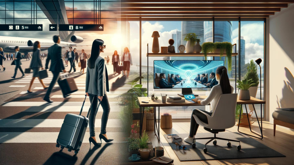 A businesswoman traveling with a suitcase, contrasted with a businesswoman working remotely from home using the Metaverse.