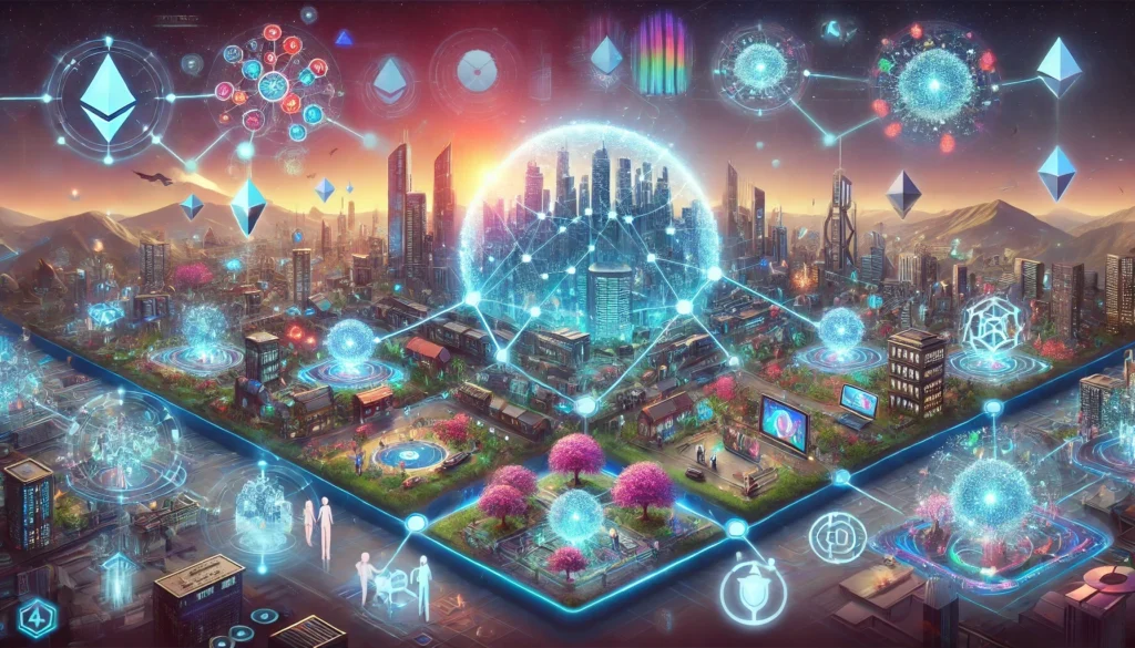 A futuristic digital landscape showcasing Web4 technology with interconnected digital worlds, blockchain, AI, AR, VR, and decentralization. People interact with digital assets like NFTs, artwork, music, and virtual real estate in an immersive and dynamic environment