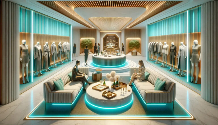 Luxuriöse Boutique im Metaverse: Ein beeindruckendes Beispiel für Shoppen in 3D Welten, das eine immersive und exklusive Einkaufserfahrung bietet.